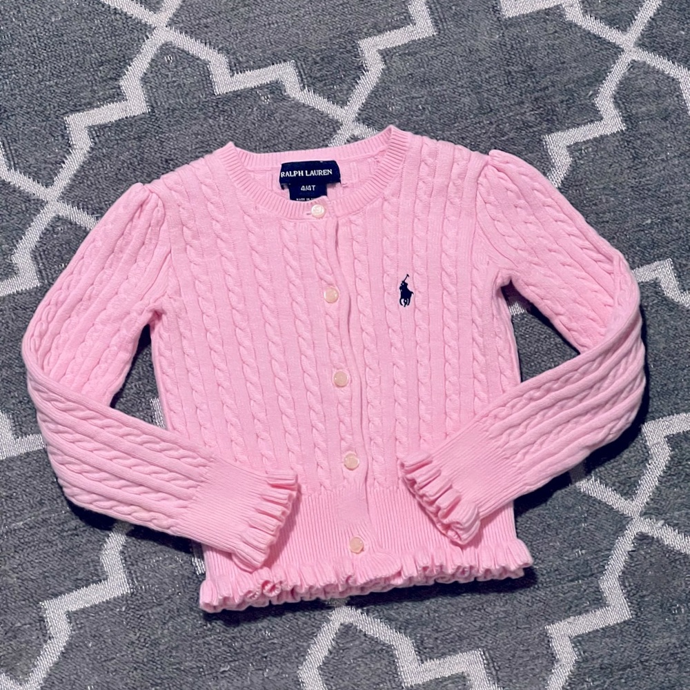 Cardigan Buttoned Down Cable Knit Sweater w/ Ruffles and Embroidered Navy Logo